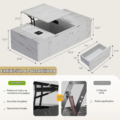 Vista 2 de Mesa de centro LED, mesas de centro elevables de 47.2 pulgadas con cajones y gran almacenamiento, mesa inteligente para sala de estar con carga