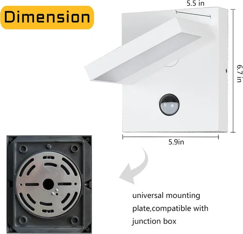 Vista 6 de Lustrlach Lámpara de pared con sensor de movimiento para exteriores, color blanco, moderna, para porche, impermeable, con cabezal de lámpara Blanco