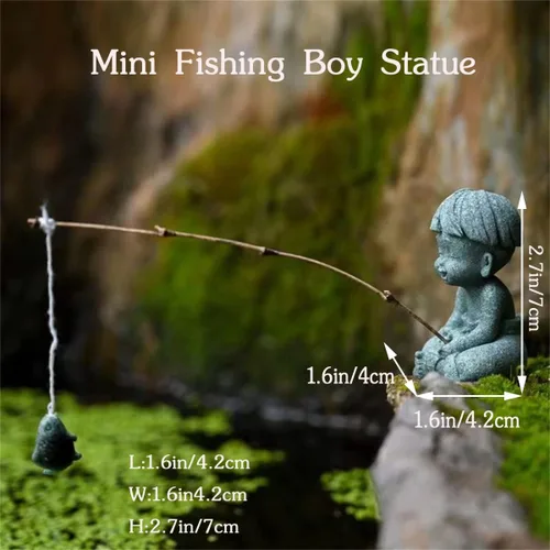 Vista 6 de livelyfish Little Fisherman Figurines Sandstone Chinese Miniatura Fisherman Statua Ornamento para pecera, micro paisaje, bonsái, decoración