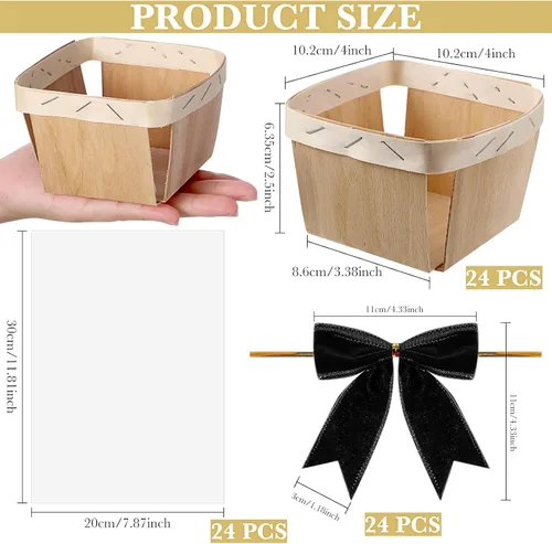 Vista 2 de Kigley Juego de 24 mini cestas de regalo de madera con bolsas de celofán y lazos, kit de cestas pequeñas de bayas vacías de 4 pulgadas