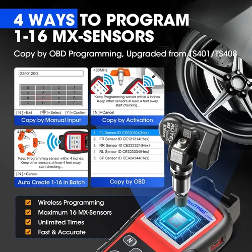 Vista 4 de Autel Kit de herramienta de programación TPMS TS508WF, herramienta de reinicio TPMS con 8 sensores universales MX, versión WiFi de TS408 TS508 TS501