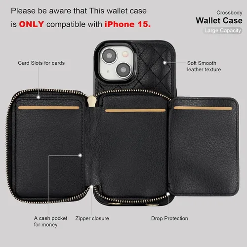 Vista 7 de Bocasal Funda tipo cartera con bandolera para iPhone 15, de cuero PU con bloqueo RFID, con cierre de cremallera, cartera tipo bolso con función