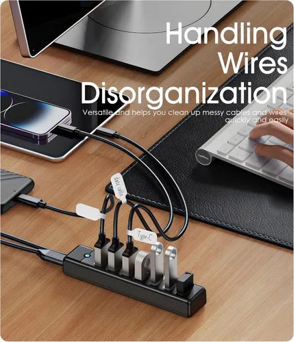 Vista 5 de Juego de 32 etiquetas para cables y bridas de silicona para cables, reutilizables, 16 bridas para cables + 16 etiquetas de cable para electrónica
