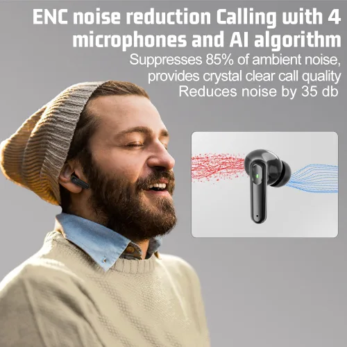 Vista 2 de Auriculares Bluetooth inalámbricos, auriculares de graves profundos de 50 horas con 4 micrófonos con cancelación de ruido, IPX5 impermeables