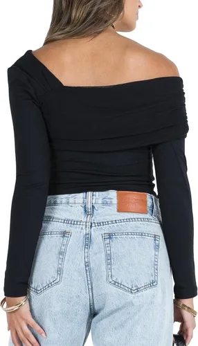 Vista 4 de Women Y2k One Off Shoulder Crop Tops Sexy Long Sleeve Ruched Slim Fit T Shirts Fitted Going Out Cropped Basic Tees