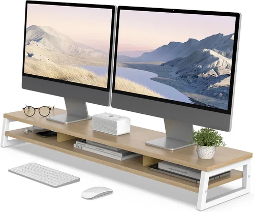 Vista 11 de Fenge Soporte de monitor doble para escritorio, elevador de monitor grande de 42.5 pulgadas para 2 monitores, estante superior de escritorio