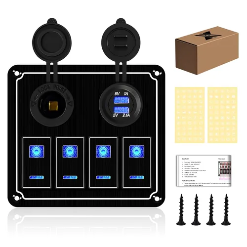 Vista 24 de Panel de interruptores de barco marino de 5 posiciones con cargador USB dual y voltímetro, panel de interruptores basculantes de aluminio