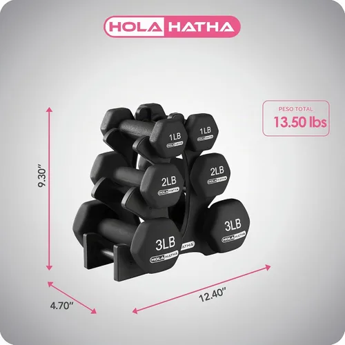 Vista 2 de HolaHatha 1, 2 and 3 lb Neoprene Dumbbell Strength Training Weight Set with Rack