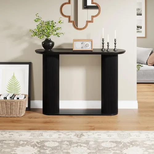 Vista 7 de Mesa Consola Acanalada, Mesa de Entrada Estilo Granja con Almacenamiento y Patas de Madera Acanalada, Mesa de Sofá Estrecha, Mesa de Entrada Pequeña
