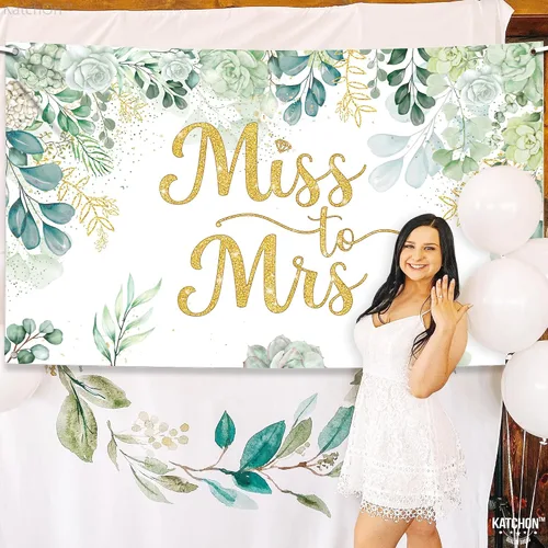 Vista 2 de KatchOn, Cartel verde de Miss to Mrs – XL, 72 x 44 pulgadas, telón de fondo de Miss to Mrs para decoraciones de despedida de soltera verde y dorado