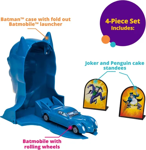 Vista 5 de DecoSet® Batman™ to the Rescue Cake Topper, 4 piezas de decoración para tartas, incluye estuche Batman™ con un lanzador de móvil plegable oculto