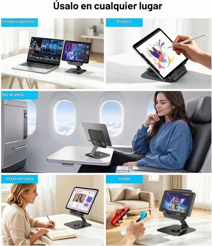 Vista 6 de OMOTON TA04 Ultra-Slim Tablet Stand for iPad, Swivel Phone Holder for Desk 360°Rotation Metal base with plastic panel, Adjustable angle, Silicone