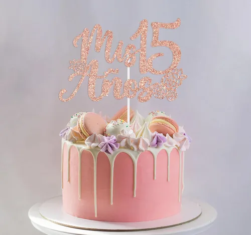 Vista 4 de Decoración para tartas Mis 15 años con purpurina de oro rosa, feliz 15 años, feliz 15 años, decoración de fiesta de cumpleaños con temática
