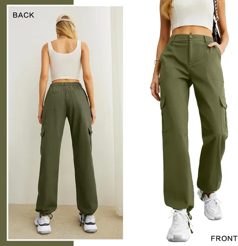 Vista 5 de Lepunuo Pantalones cargo de cintura alta para mujer, pantalones de viaje Y2K Streetwear holgados elásticos con 6 bolsillos con cordón en los tobillos