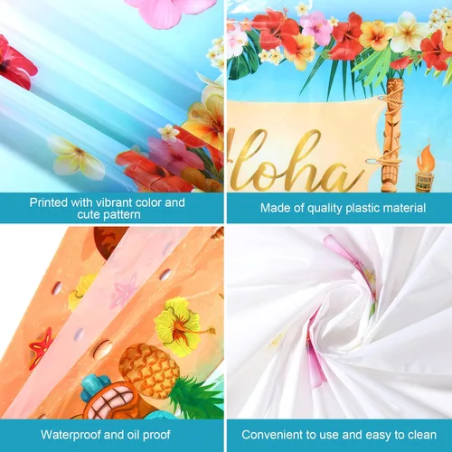 Vista 4 de Manteles hawaianos Luau de plástico hawaiano con flamenco hawaiano, Aloha Luau, para fiesta, Aloha y hojas de palmera tropicales, mantel de flamenco