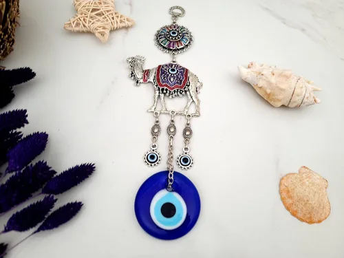 Vista 4 de Abalorio de cristal azul con protección contra el mal de ojo, color camello, cuentas turcas de nazar, adorno colgante de pared de color camel contra
