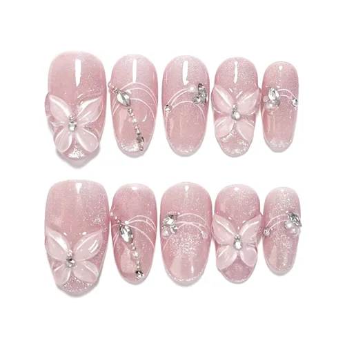 Vista 13 de 24 piezas de uñas postizas de punta francesa a presión, uñas postizas medianas en forma de almendra con diseño de ondas azul oscuro, uñas postizas