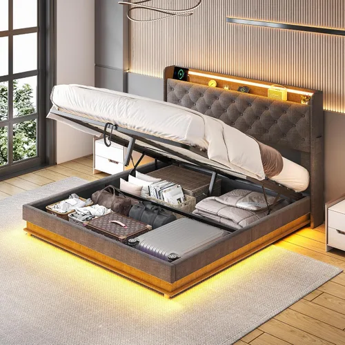 Vista 9 de Ailisite Cama de almacenamiento elevable de tamaño matrimonial, cama de plataforma tapizada con cabecera de almacenamiento con botones capitoné