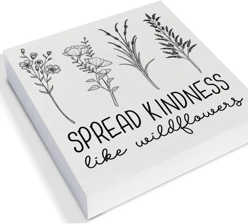 Vista 3 de Cartel de madera Spread Kindness Like Wildflowers, caja de madera con flores de granja, letrero de bloques de escritorio, letreros rústicos