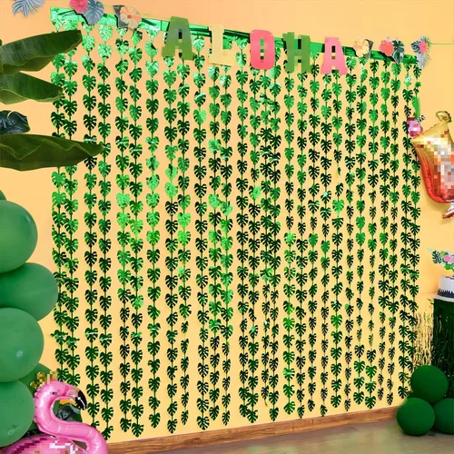 Vista 2 de Decoraciones tropicales para fiestas, paquete de 2 unidades de 3.3 x 6.6 pies, hojas de palmera tropicales verdes, cortina de flecos de hojas