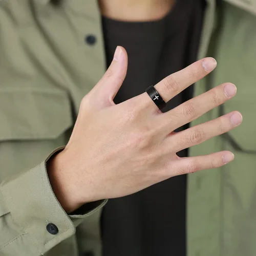 Vista 6 de Ropartman Anillo giratorio de acero inoxidable para hombres, anillos plateados y negros para la ansiedad, anillo de cruz de oración para aliviar