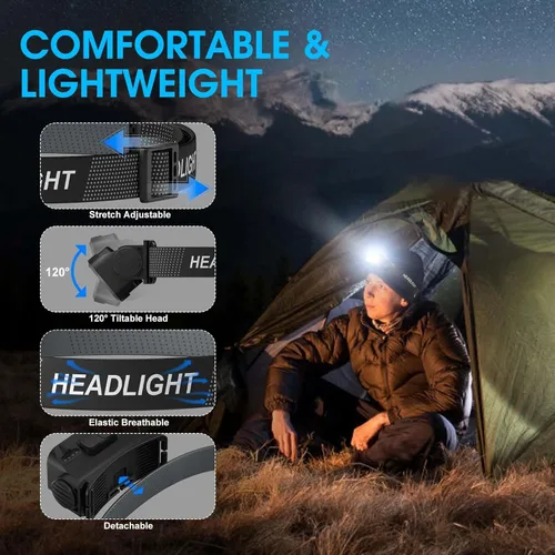 Vista 5 de Linterna frontal recargable 2 unidades, 8 LED, 2500 lúmenes, lámpara de cabeza ultraligera y brillante con sensor de movimiento, impermeable