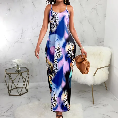 Vista 6 de ZonJie Vestido largo casual bohemio con estampado floral para mujer, holgado, cuello en V, tirantes delgados ajustables, longitud al suelo