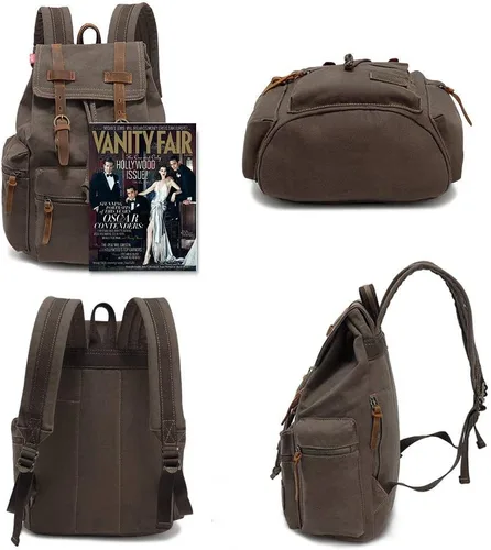Vista 6 de koolehaoda Mochila de lona vintage unisex casual para laptop de 12 a 17 pulgadas, mochila de viaje, camping, senderismo (L, verde militar)