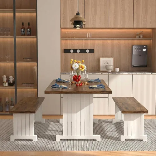Vista 7 de Tribesigns Juego de mesa de comedor de 47 pulgadas para 4, mesa de cocina de 3 piezas con 2 bancos, muebles de cena de madera de granja