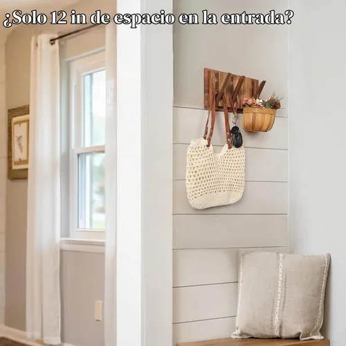 Vista 3 de Pequeño Perchero para Apartamento: 10.4 Pulgadas de Madera Rústica con 6 Ganchos de Pared Montable Retractable para Espacios Estrechos, Entrada