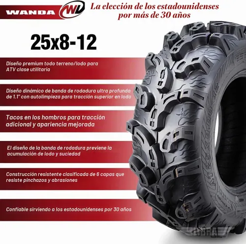 Vista 3 de WANDA Juego de 4 neumáticos Premium ATV/UTV 25x8-12 25x8x12 delanteros y traseros Super Lug Mud
