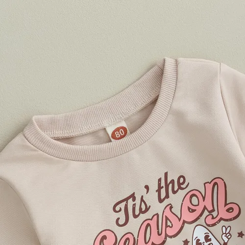 Vista 4 de Traje de Halloween para bebé niña, manga larga, cuello redondo, letras de fantasma, parte superior con estampado de fantasma, parte inferior