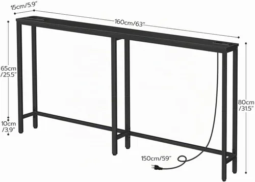 Vista 3 de HOOBRO - Mesa de consola estrecha de 63" con estación de carga, mesa de sofá de 5.9" con 2 tomas de corriente y puertos USB, mesas largas de entrada