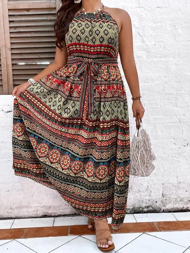Vista 4 de MakeMeChic Vestido largo bohemio con lazo en la espalda, sin mangas, cintura alta, línea A, con cinturón