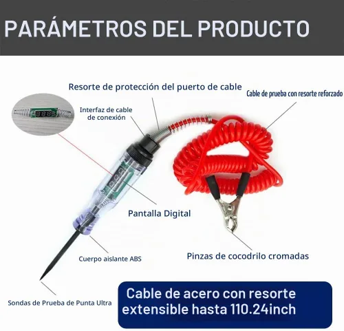 Vista 4 de Luz de Prueba Automotriz de Servicio Pesado de 3-70V, Probador de Relé LED Digital con Cable de Resorte Retráctil de 110 Pulgadas, Probador