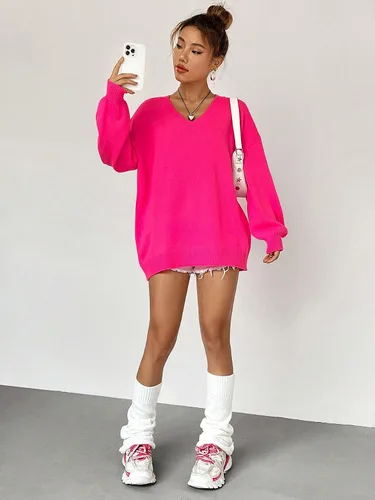 Vista 6 de MakeMeChic Suéter casual de manga larga con cuello en V y hombros caídos para mujer