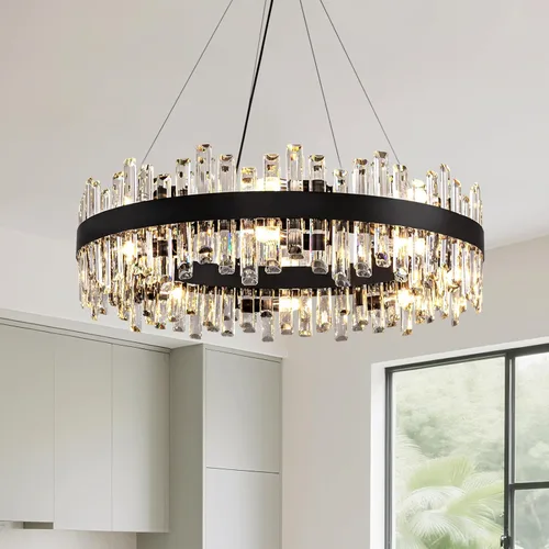 Vista 31 de Siljoy - Candelabro de cristal moderno, 12 luces, lujoso, redondo, de 2 niveles, con cristal K9 en forma de gota de lluvia, lámpara colgante de Oro