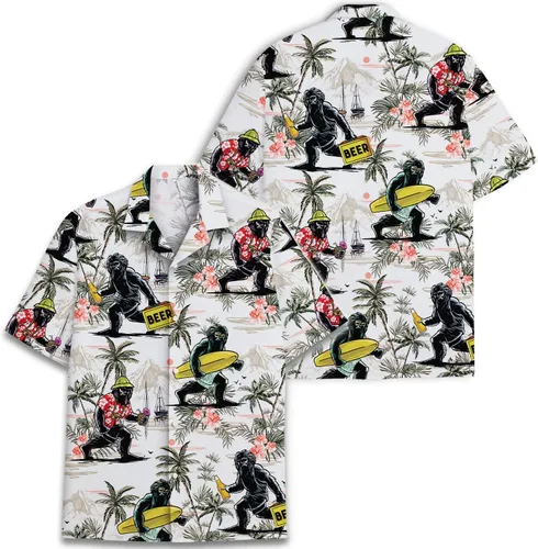 Vista 4 de American Bigfoot - Camisa hawaiana para hombre, divertida camisa hawaiana con botones Sasquatch de manga corta para hombre