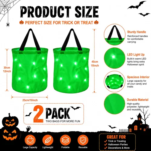 Vista 2 de 2 bolsas de dulces de Halloween con luz LED, bolsas de fiesta de Halloween, multiusos, reutilizables, bolsas para Halloween para dulce o dulce Verde