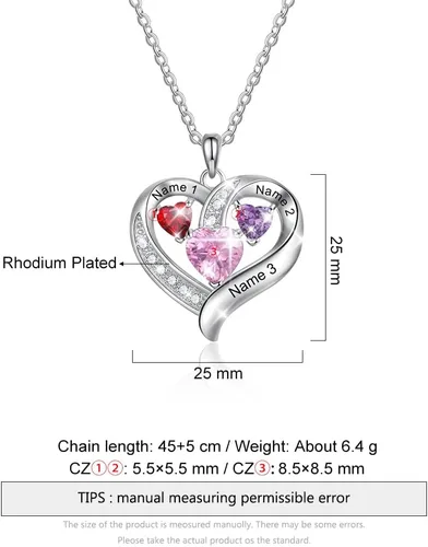 Vista 3 de Lam Hub Fong Collar personalizado para madres con 3 piedras natales personalizadas, collar con nombre en forma de corazón para mamá, hija o abuela