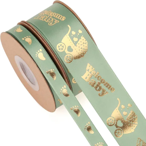 Vista 8 de Meseey 2 rollos en total de 20 yardas de cinta de bienvenida para bebé, cintas negras y doradas con estampado de pies para manualidades, pasteles