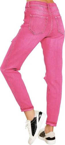 Vista 2 de GRAPENT Jeans casuales de cintura alta para mujer, rasgados, elásticos y cónicos