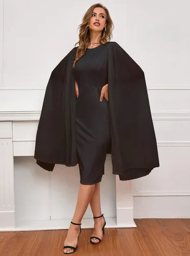 Vista 4 de IWFEV Vestido midi sin mangas liso de manga larga con cuello redondo y patchwork a media pierna para mujer