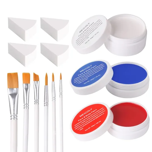 Vista 14 de MEICOLY SFX Joker - Juego de 6 piezas de maquillaje de Halloween, pintura facial blanca y negra, maquillaje clásico profesional a base de aceite