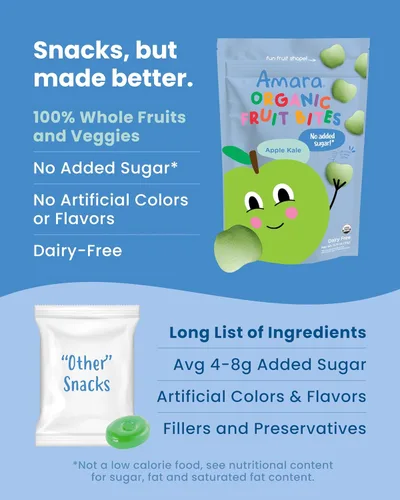 Vista 6 de Amara Bocaditos de frutas orgánicas de col rizada de manzana, sin colores/tintes artificiales, azúcar añadida, aperitivos de frutas sin lácteos