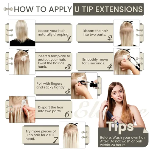 Vista 6 de Elailite Extensiones de cabello humano con punta en U V3.0, cabello real unido con queratina, 16 pulgadas, pegamento de fusión de calor, 100% sin