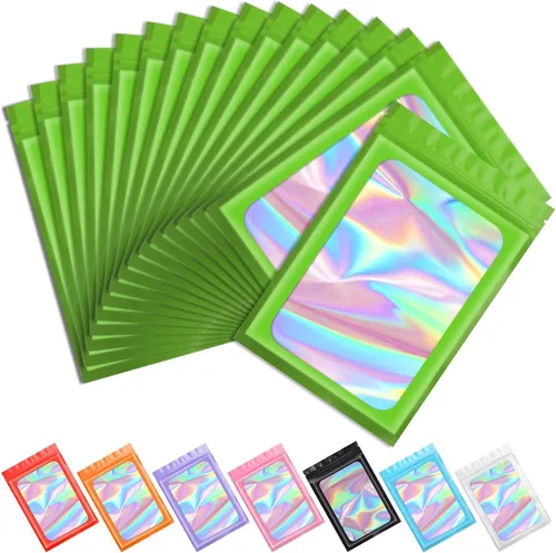 Vista 32 de Funfery 100 bolsas holográficas de Mylar naranja, cremallera resellable