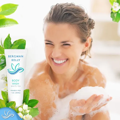 Vista 6 de BERGMAN KELLY Gel de baño tamaño viaje (1 onza líquida, 100 unidades, té blanco), deleita a tus invitados con un gel de baño revitalizante