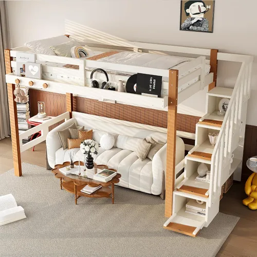 Vista 3 de Cama tipo loft de madera tamaño individual con escaleras, gancho para ropa Beige Natural