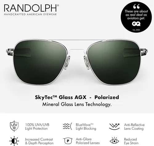 Vista 2 de Randolph USA Lentes de sol clásicos de aviador cromados brillantes para hombres o mujeres, 100% UV